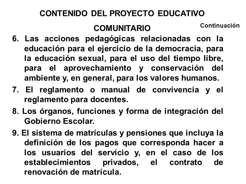 CONTENIDO DEL PROYECTO EDUCATIVO