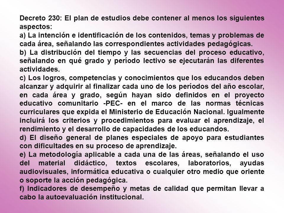 Decreto 230: El plan de estudios debe contener al menos los siguientes aspectos: