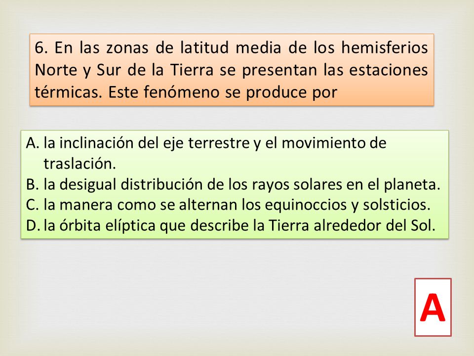 6. En las zonas de latitud media de los hemisferios Norte y Sur de la Tierra se presentan las estaciones térmicas. Este fenómeno se produce por