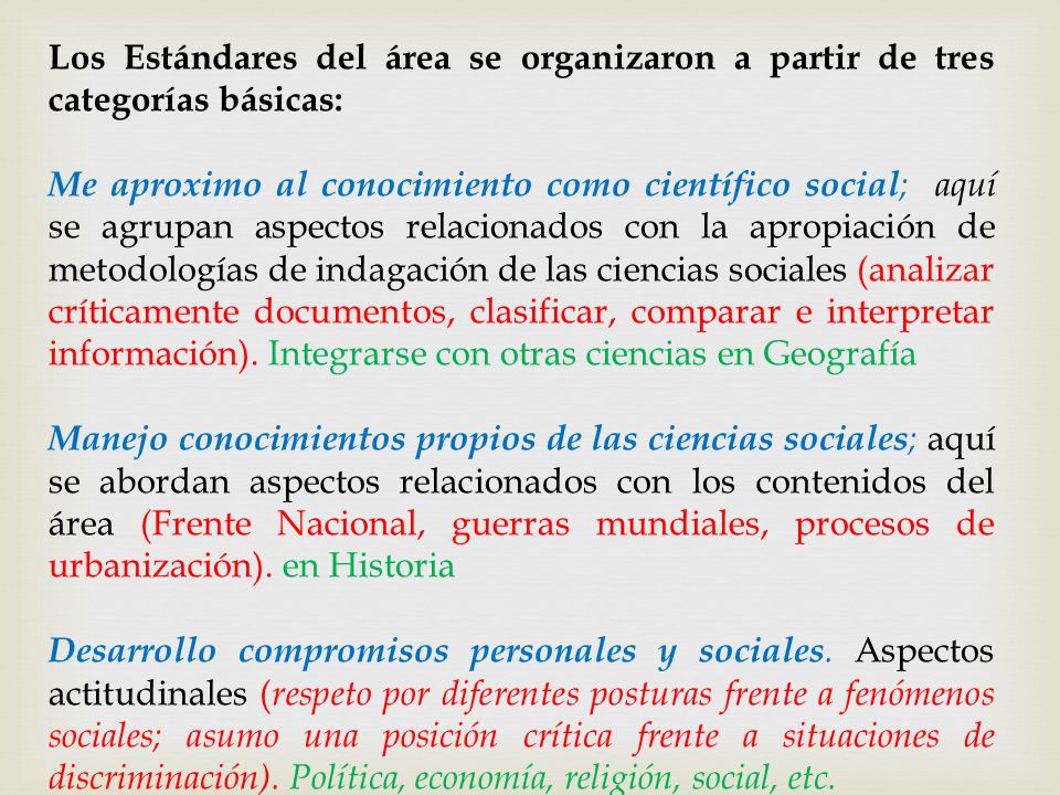 Los Estándares del área se organizaron a partir de tres categorías básicas: