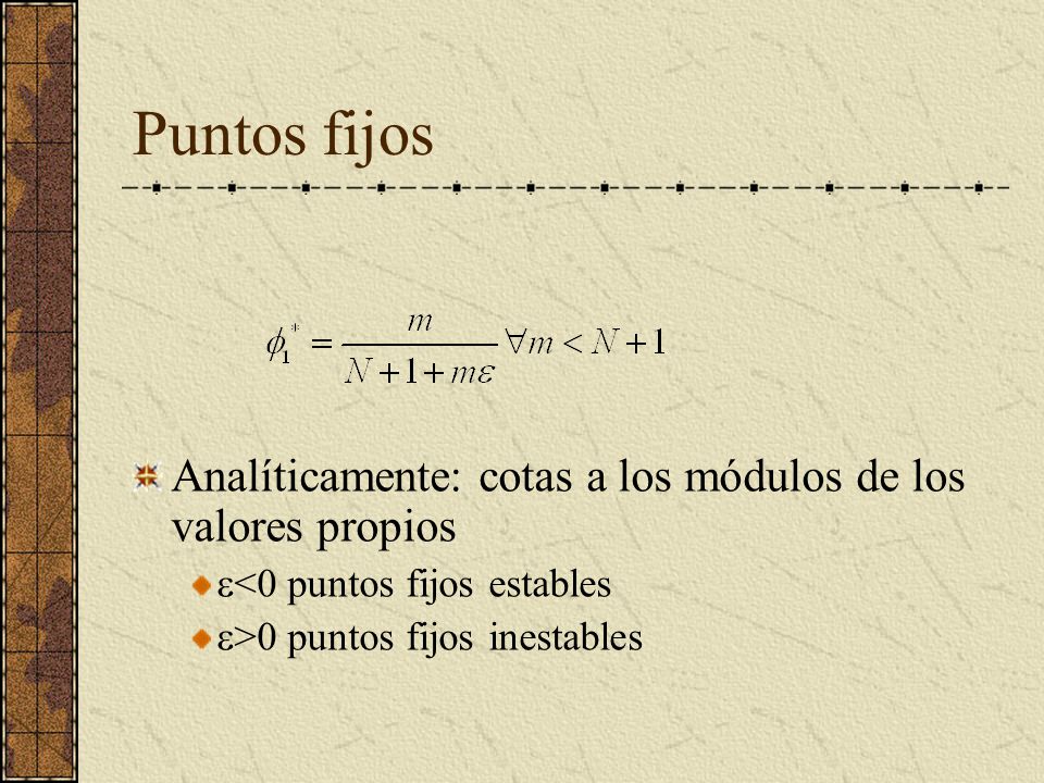 Puntos fijos Analíticamente: cotas a los módulos de los valores propios. <0 puntos fijos estables.