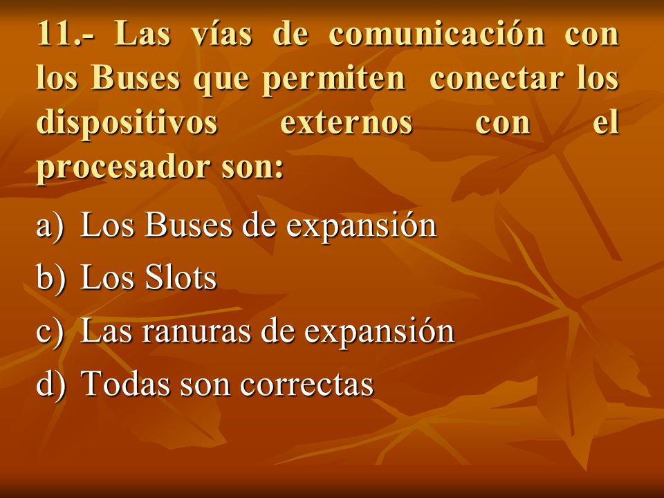 11.- Las vías de comunicación con los Buses que permiten conectar los dispositivos externos con el procesador son:
