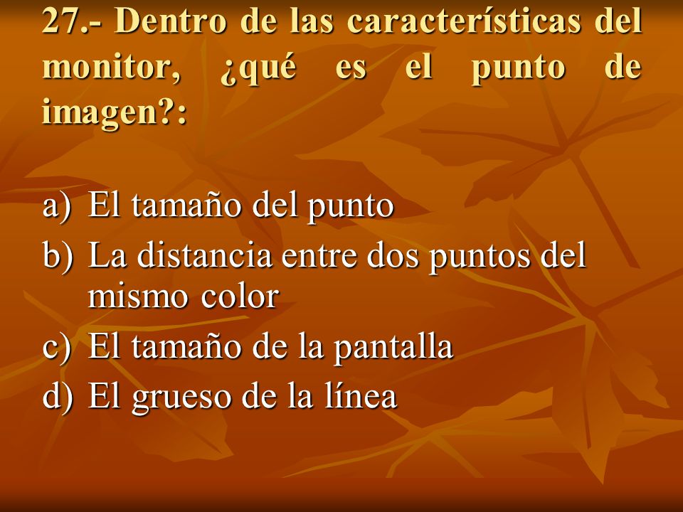 27.- Dentro de las características del monitor, ¿qué es el punto de imagen :