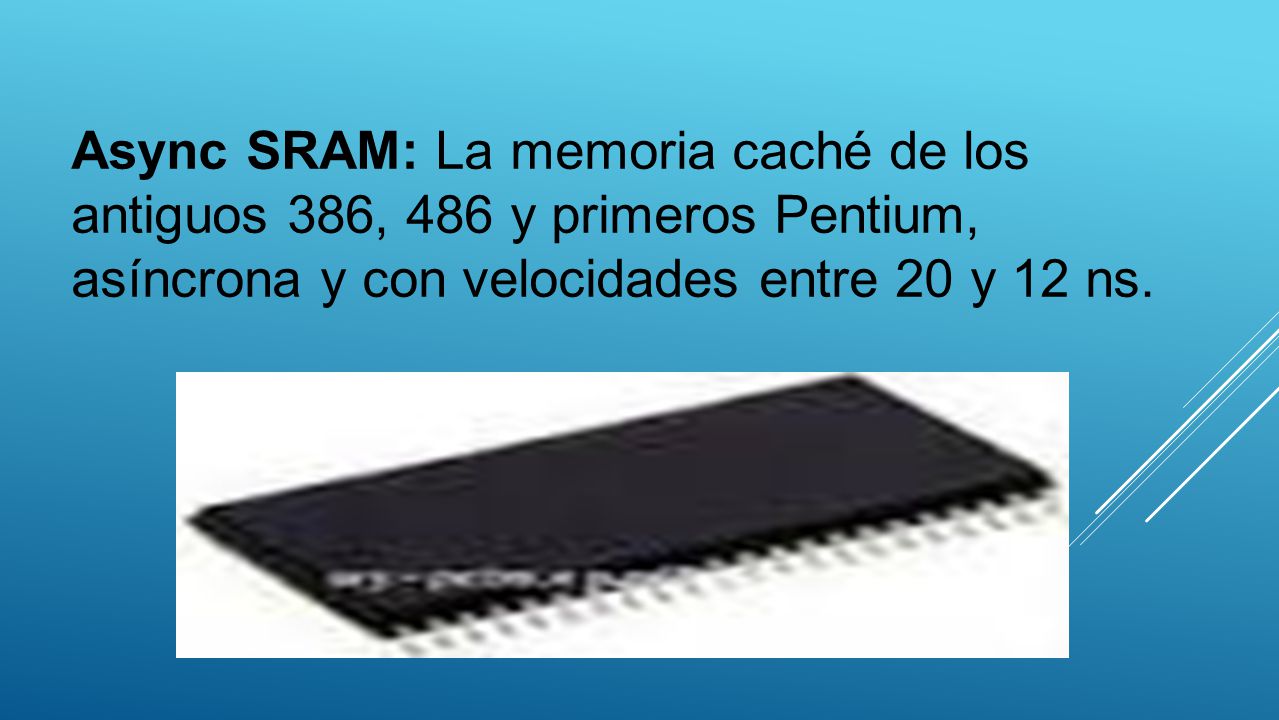 Async SRAM: La memoria caché de los antiguos 386, 486 y primeros Pentium, asíncrona y con velocidades entre 20 y 12 ns.