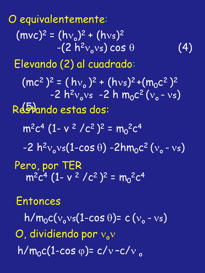 (mvc)2 = (ho)2 + (hs)2 -(2 h2os) cos  (4) O equivalentemente: Elevando (2) al cuadrado: