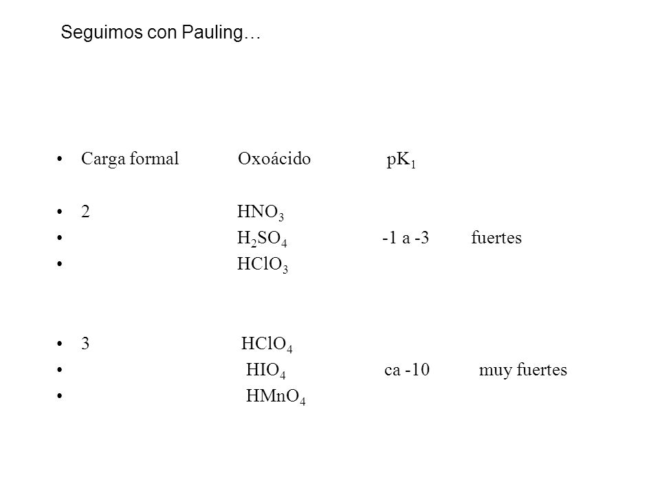 Seguimos con Pauling… Carga formal Oxoácido pK1. 2 HNO3.