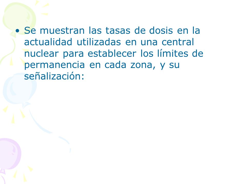 Se muestran las tasas de dosis en la actualidad utilizadas en una central nuclear para establecer los límites de permanencia en cada zona, y su señalización: