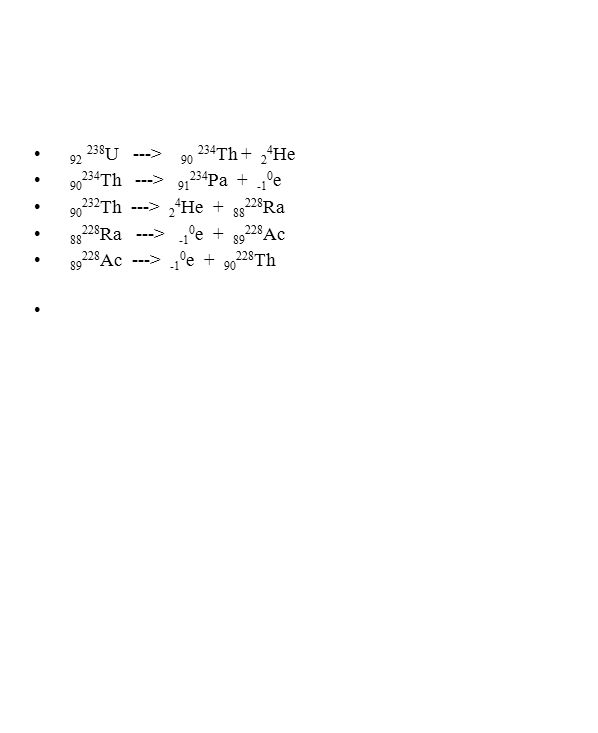 92 238U ---> Th + 24He 90234Th ---> 91234Pa + -10e Th ---> 24He Ra.