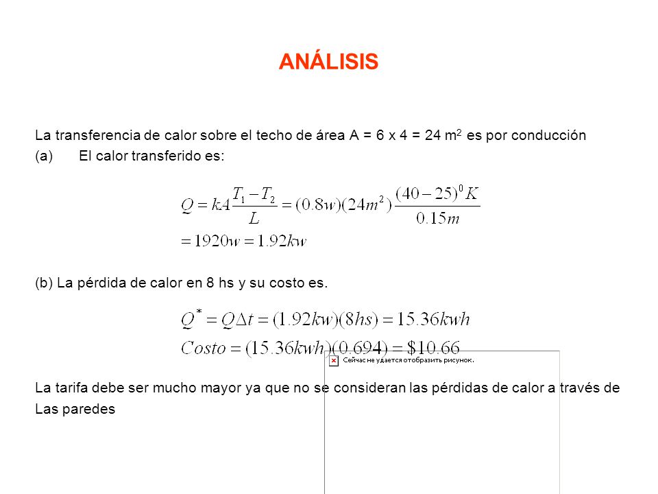 ANÁLISIS La transferencia de calor sobre el techo de área A = 6 x 4 = 24 m2 es por conducción. El calor transferido es: