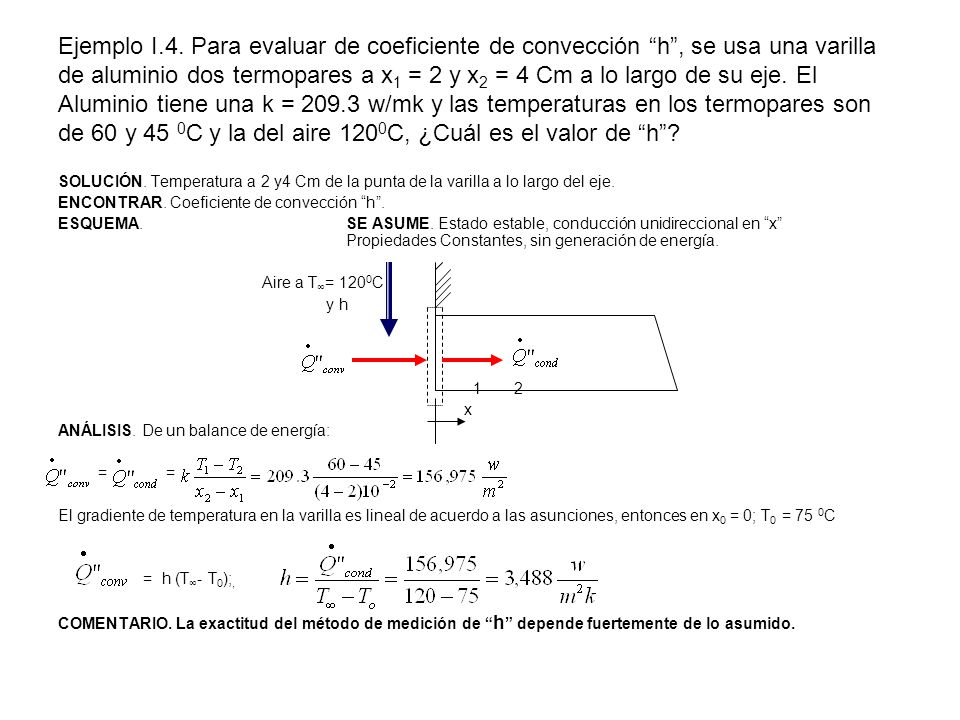 Ejemplo I.4. Para evaluar de coeficiente de convección h , se usa una varilla de aluminio dos termopares a x1 = 2 y x2 = 4 Cm a lo largo de su eje. El Aluminio tiene una k = w/mk y las temperaturas en los termopares son de 60 y 45 0C y la del aire 1200C, ¿Cuál es el valor de h