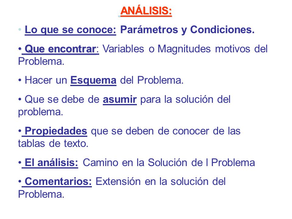 ANÁLISIS: Lo que se conoce: Parámetros y Condiciones. Que encontrar: Variables o Magnitudes motivos del Problema.