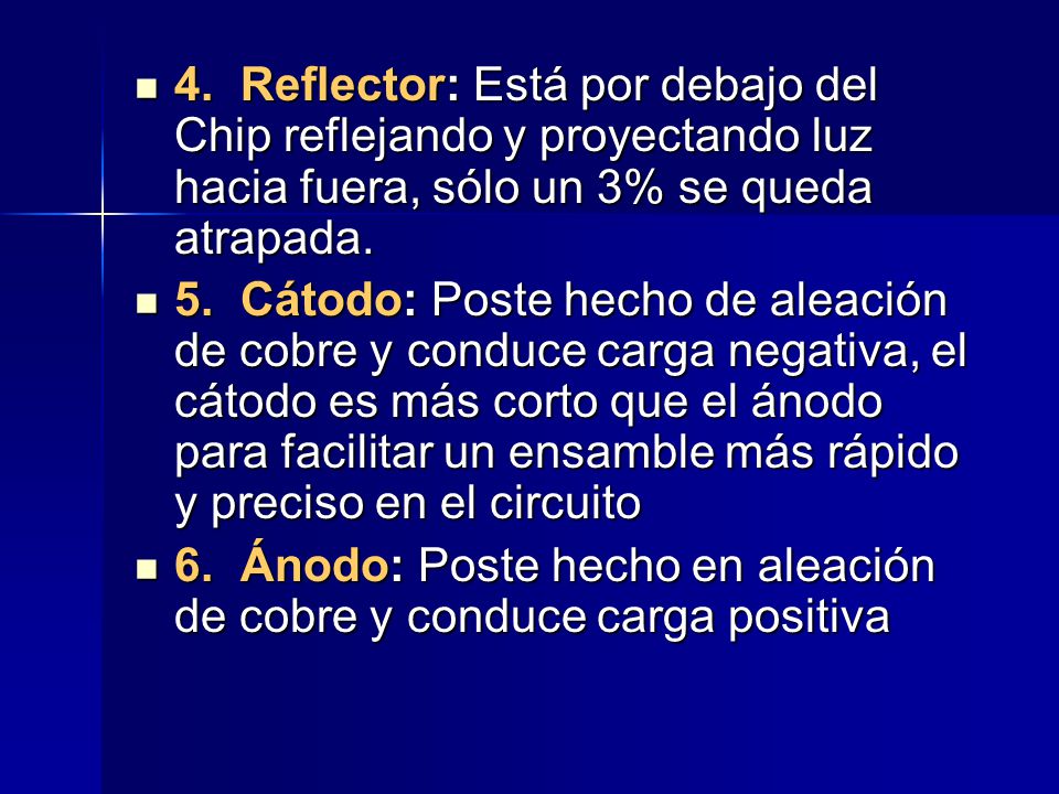 4. Reflector: Está por debajo del Chip reflejando y proyectando luz hacia fuera, sólo un 3% se queda atrapada.