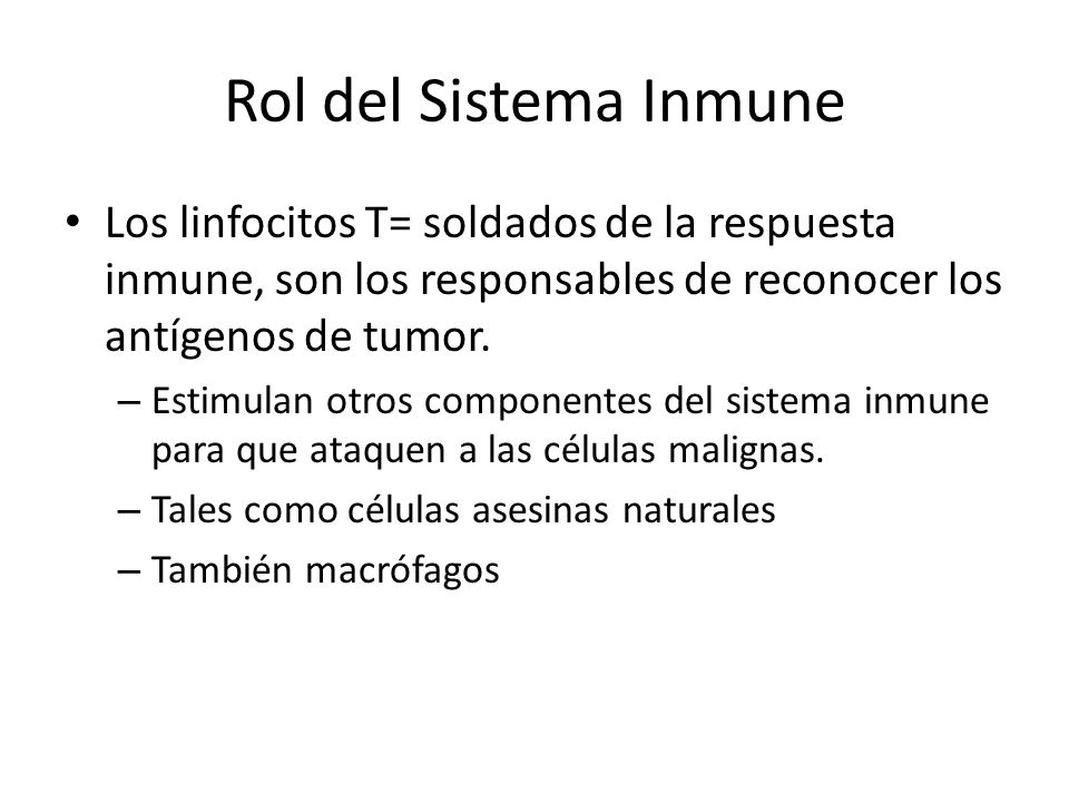 Rol del Sistema Inmune Los linfocitos T= soldados de la respuesta inmune, son los responsables de reconocer los antígenos de tumor.