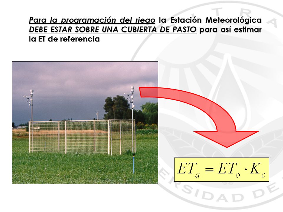 Para la programación del riego la Estación Meteorológica DEBE ESTAR SOBRE UNA CUBIERTA DE PASTO para así estimar la ET de referencia