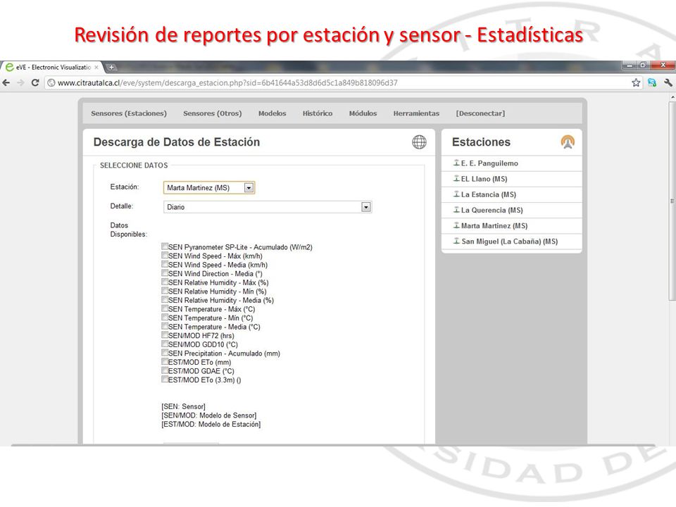 Revisión de reportes por estación y sensor - Estadísticas