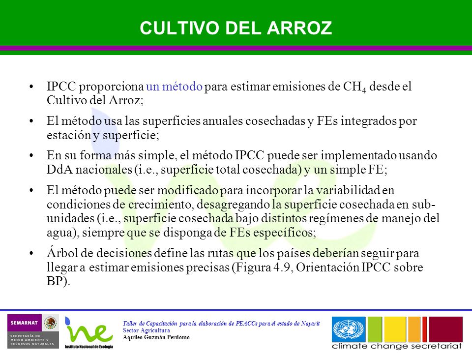 CULTIVO DEL ARROZ IPCC proporciona un método para estimar emisiones de CH4 desde el Cultivo del Arroz;