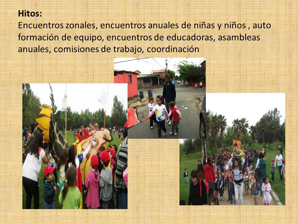 Hitos: Encuentros zonales, encuentros anuales de niñas y niños , auto formación de equipo, encuentros de educadoras, asambleas anuales, comisiones de trabajo, coordinación