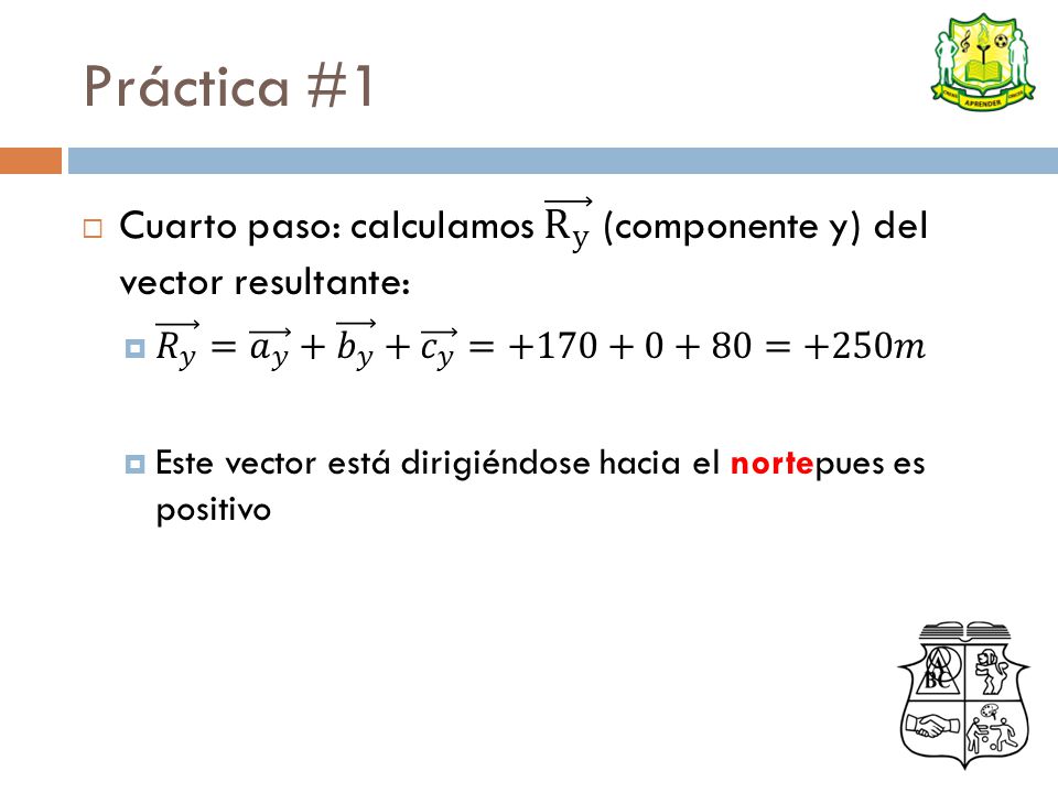 Práctica #1 Cuarto paso: calculamos R y (componente y) del vector resultante: 𝑅 𝑦 = 𝑎 𝑦 + 𝑏 𝑦 + 𝑐 𝑦 = =+250𝑚.
