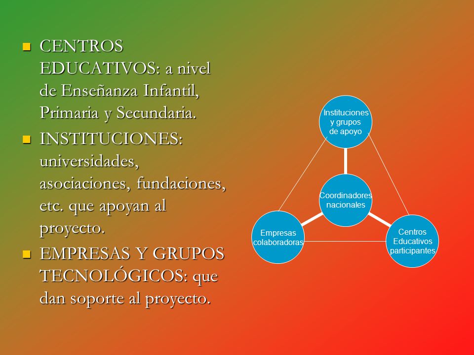 CENTROS EDUCATIVOS: a nivel de Enseñanza Infantil, Primaria y Secundaria.