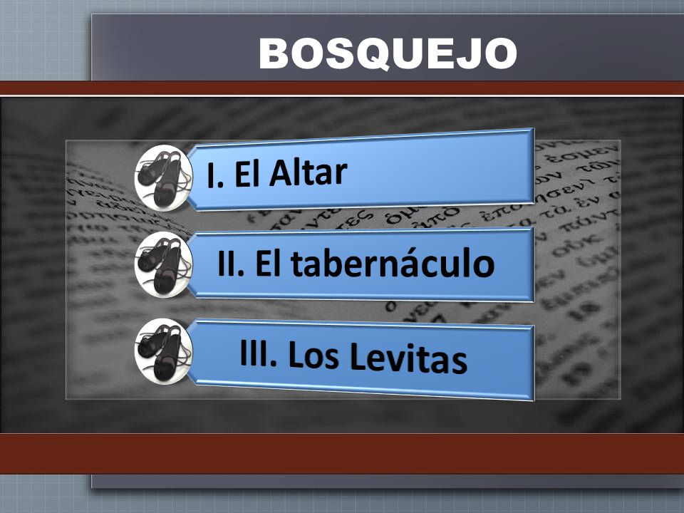 BOSQUEJO I. El Altar II. El tabernáculo III. Los Levitas