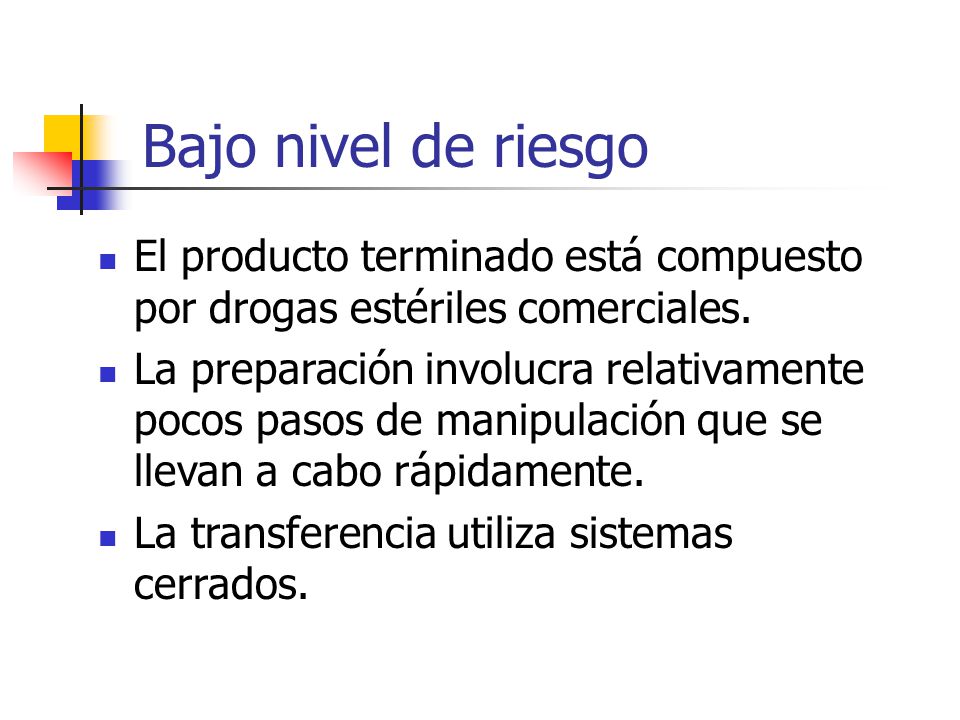 Bajo nivel de riesgo El producto terminado está compuesto por drogas estériles comerciales.