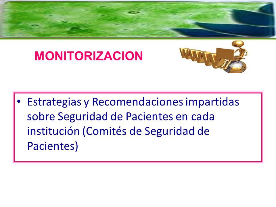 MONITORIZACION Estrategias y Recomendaciones impartidas sobre Seguridad de Pacientes en cada institución (Comités de Seguridad de Pacientes)