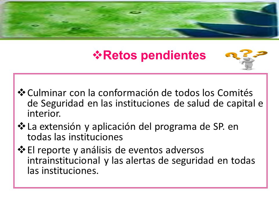 Retos pendientes Culminar con la conformación de todos los Comités de Seguridad en las instituciones de salud de capital e interior.