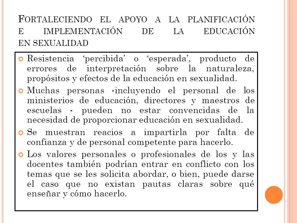 Fortaleciendo el apoyo a la planificación e implementación de la educación en sexualidad