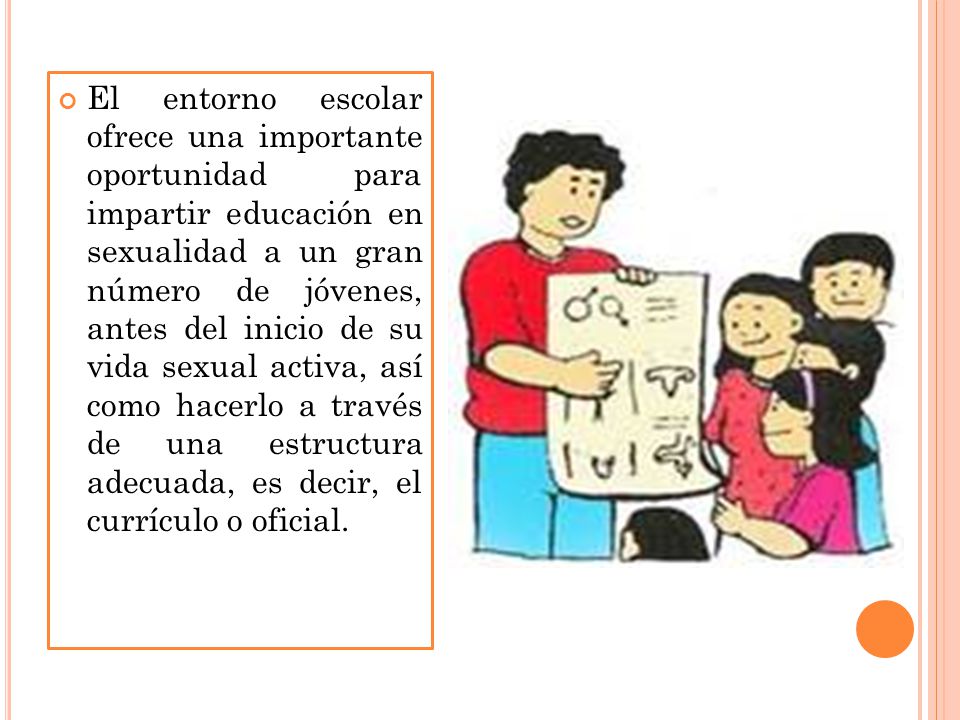El entorno escolar ofrece una importante oportunidad para impartir educación en sexualidad a un gran número de jóvenes, antes del inicio de su vida sexual activa, así como hacerlo a través de una estructura adecuada, es decir, el currículo o oficial.