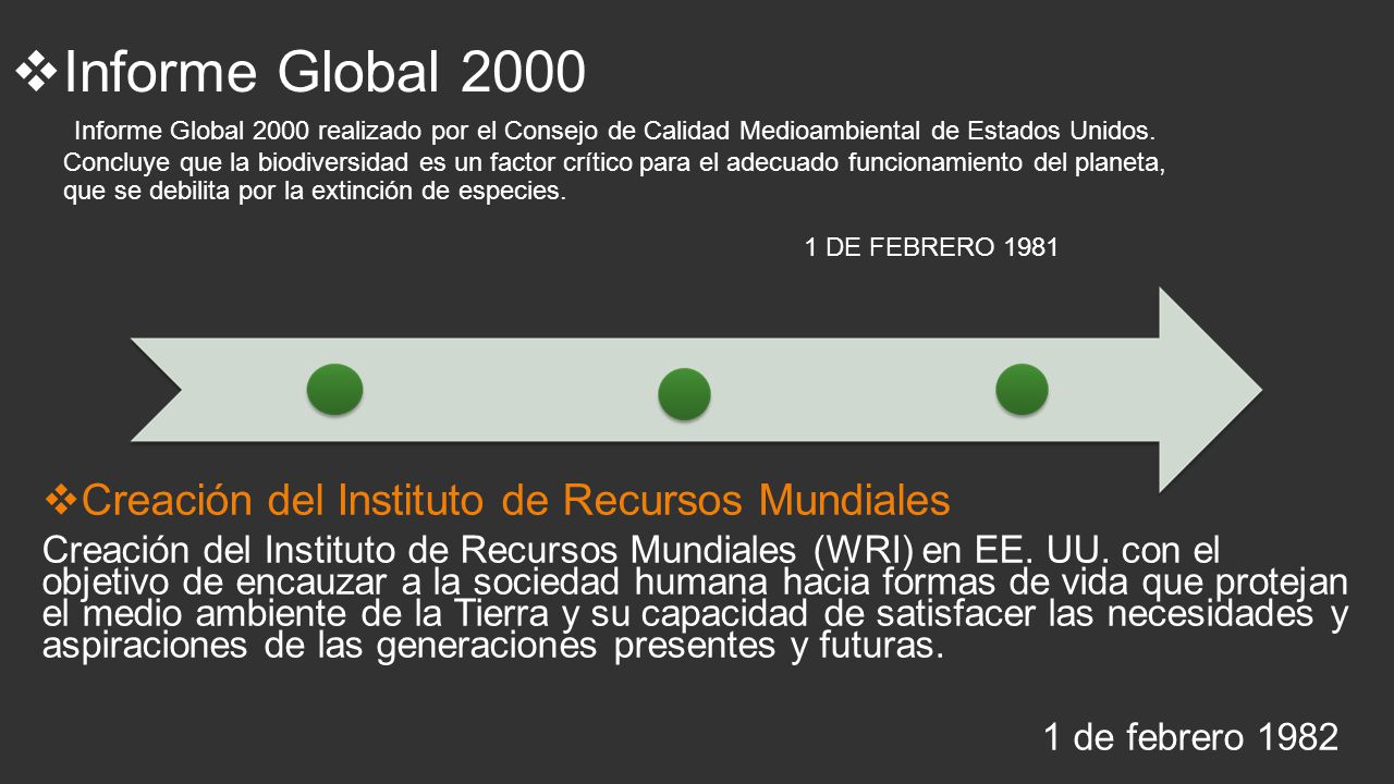 Informe Global 2000 Informe Global 2000 realizado por el Consejo de Calidad Medioambiental de Estados Unidos. Concluye que la biodiversidad es un factor crítico para el adecuado funcionamiento del planeta, que se debilita por la extinción de especies. 1 DE FEBRERO 1981