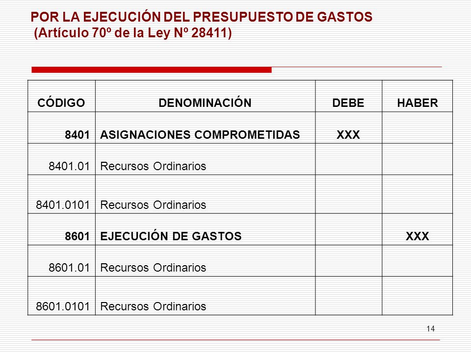 POR LA EJECUCIÓN DEL PRESUPUESTO DE GASTOS (Artículo 70º de la Ley Nº 28411)