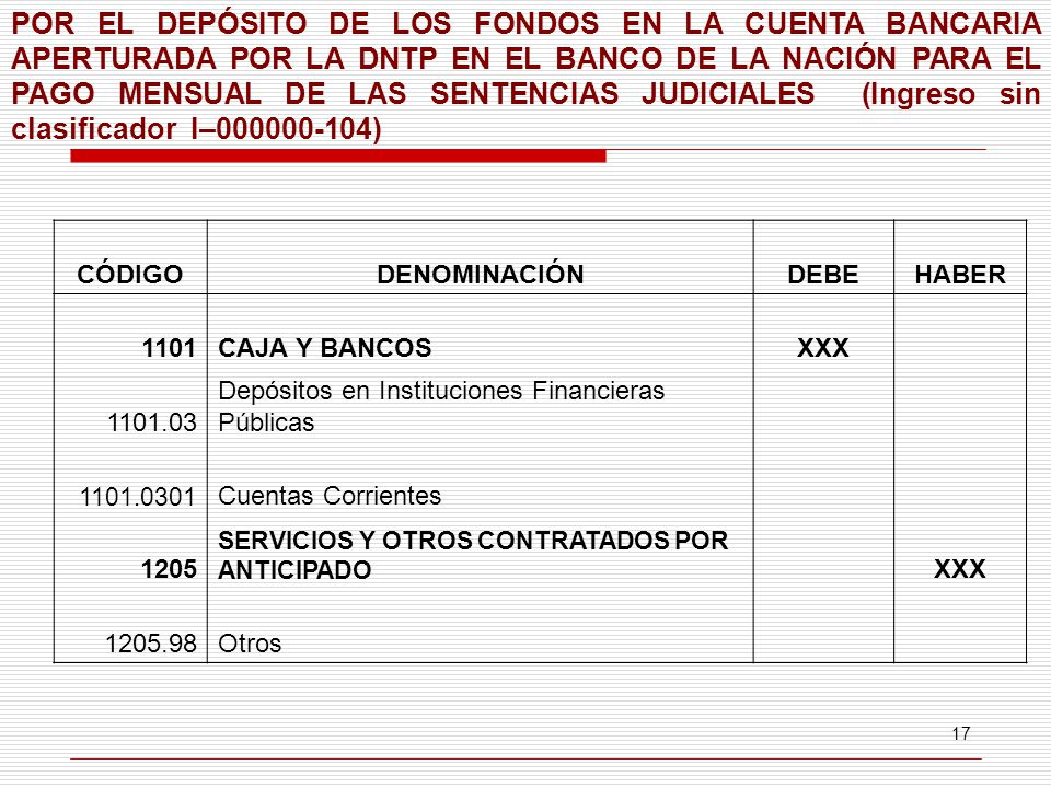 POR EL DEPÓSITO DE LOS FONDOS EN LA CUENTA BANCARIA APERTURADA POR LA DNTP EN EL BANCO DE LA NACIÓN PARA EL PAGO MENSUAL DE LAS SENTENCIAS JUDICIALES (Ingreso sin clasificador I– )