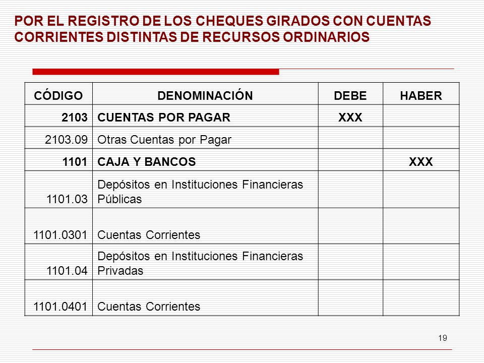 POR EL REGISTRO DE LOS CHEQUES GIRADOS CON CUENTAS CORRIENTES DISTINTAS DE RECURSOS ORDINARIOS