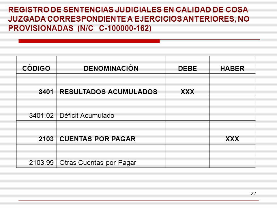 REGISTRO DE SENTENCIAS JUDICIALES EN CALIDAD DE COSA JUZGADA CORRESPONDIENTE A EJERCICIOS ANTERIORES, NO PROVISIONADAS (N/C C )