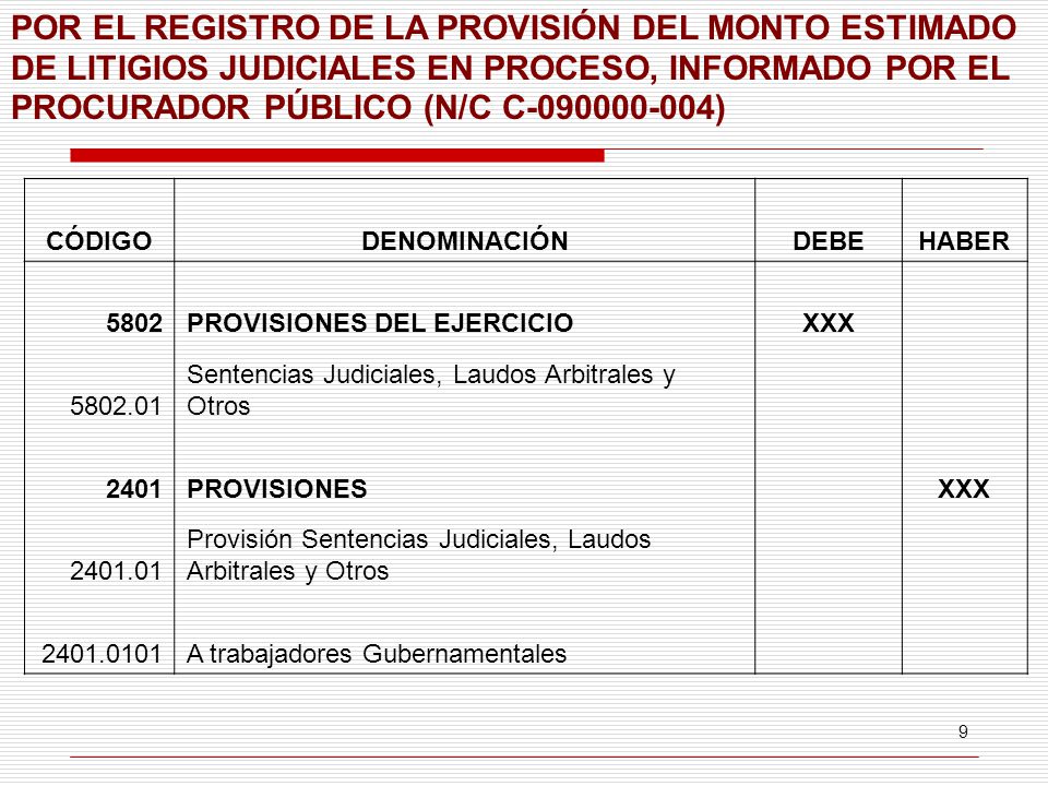 POR EL REGISTRO DE LA PROVISIÓN DEL MONTO ESTIMADO DE LITIGIOS JUDICIALES EN PROCESO, INFORMADO POR EL PROCURADOR PÚBLICO (N/C C )
