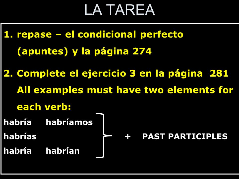 LA TAREA repase – el condicional perfecto (apuntes) y la página 274