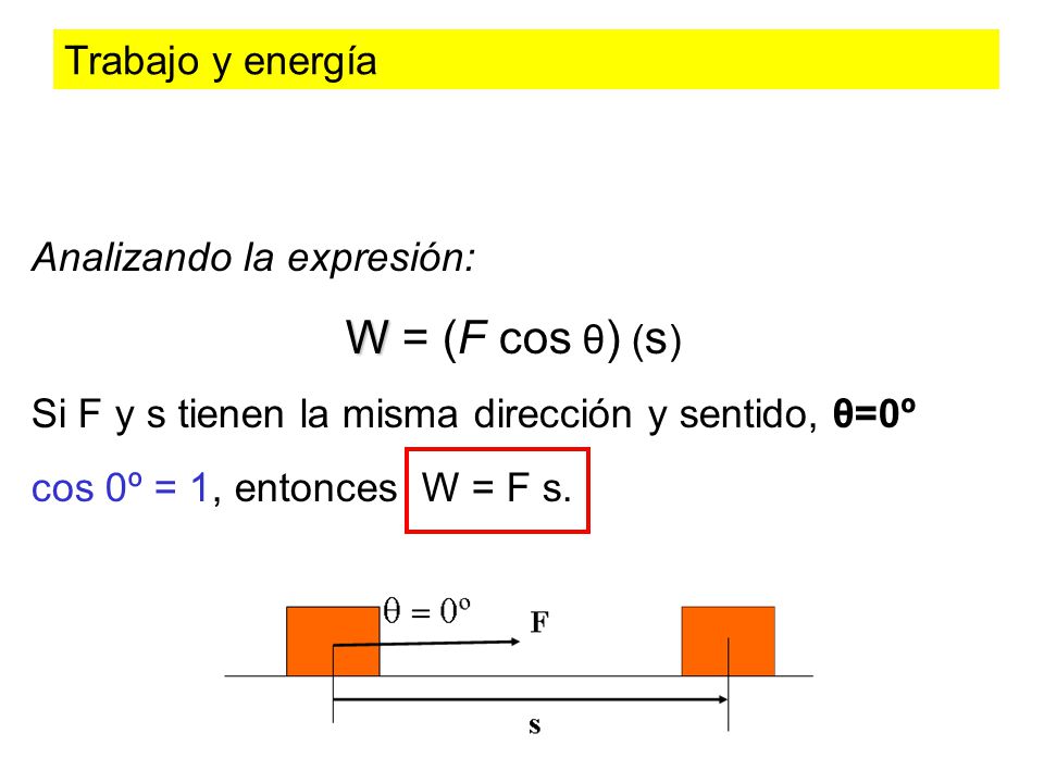 W = (F cos θ) (s) Trabajo y energía Analizando la expresión: