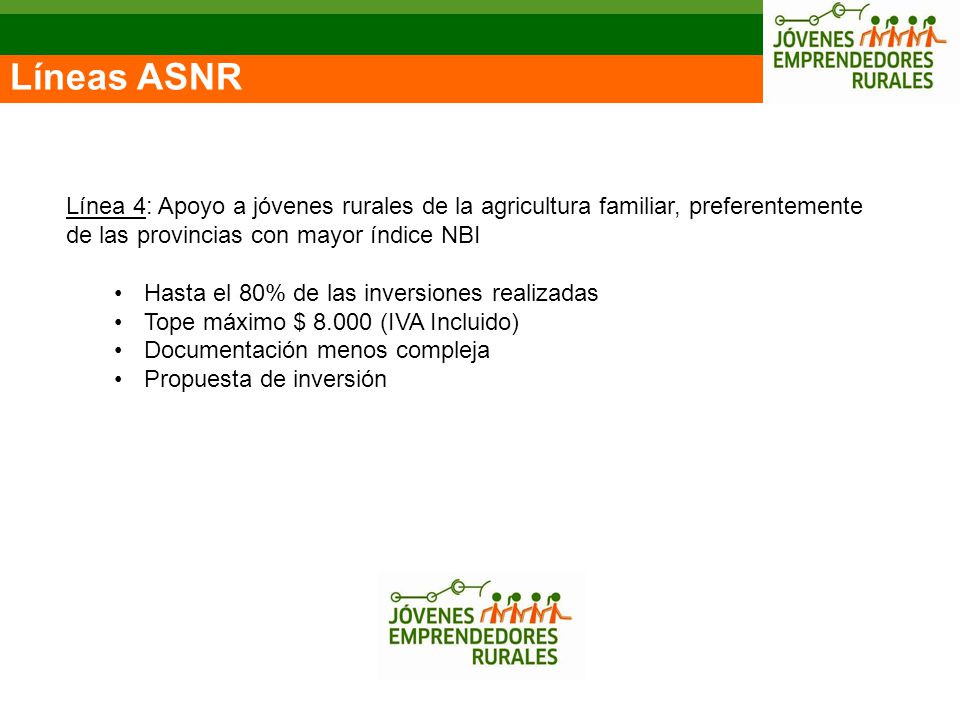 Líneas ASNR Línea 4: Apoyo a jóvenes rurales de la agricultura familiar, preferentemente de las provincias con mayor índice NBI.