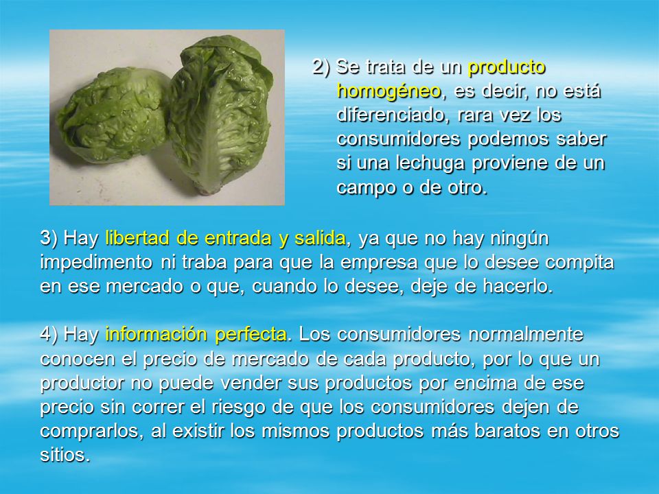 2) Se trata de un producto homogéneo, es decir, no está diferenciado, rara vez los consumidores podemos saber si una lechuga proviene de un campo o de otro.