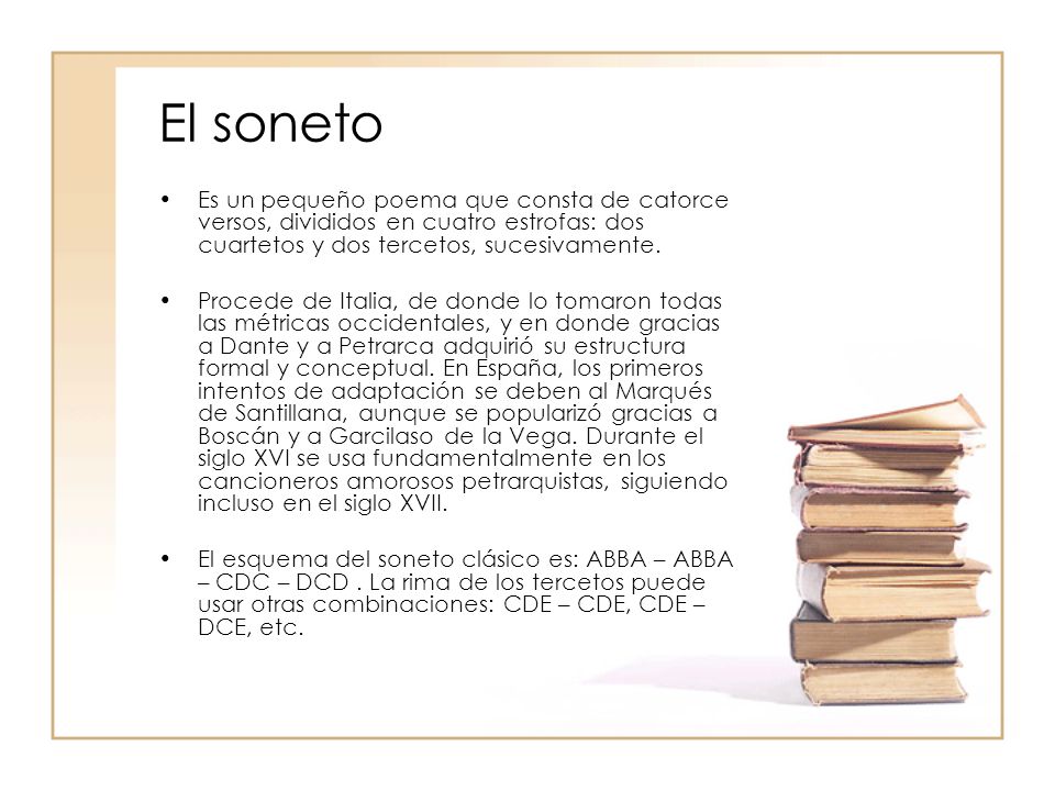El soneto Es un pequeño poema que consta de catorce versos, divididos en cuatro estrofas: dos cuartetos y dos tercetos, sucesivamente.