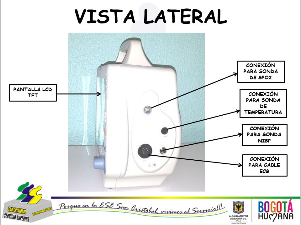VISTA LATERAL CONEXIÓN PARA SONDA DE SPO2 PANTALLA LCD TFT