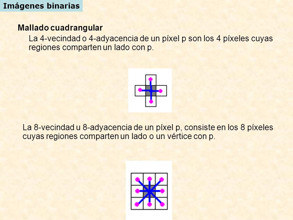 Imágenes binarias Mallado cuadrangular. La 4-vecindad o 4-adyacencia de un píxel p son los 4 píxeles cuyas regiones comparten un lado con p.