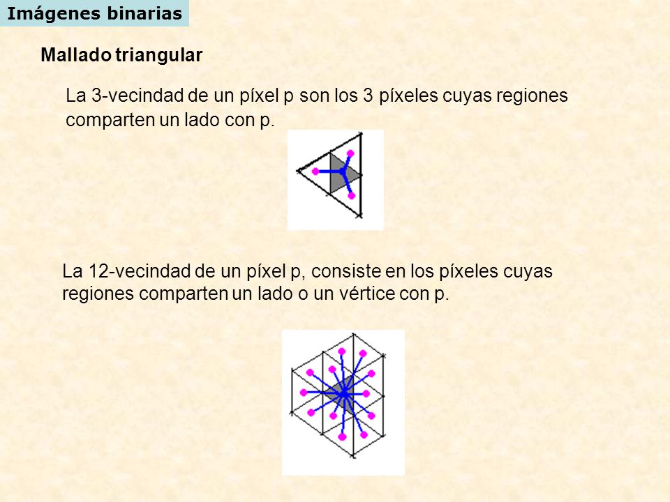Imágenes binarias Mallado triangular. La 3-vecindad de un píxel p son los 3 píxeles cuyas regiones comparten un lado con p.