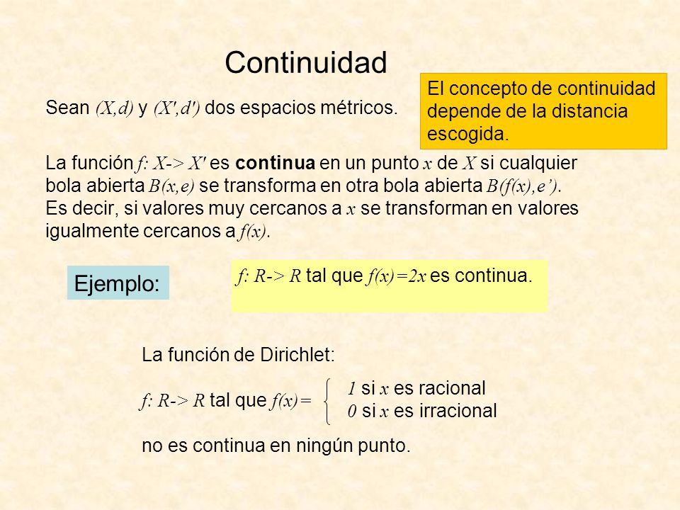 Continuidad Sean (X,d) y (X ,d ) dos espacios métricos. Ejemplo: