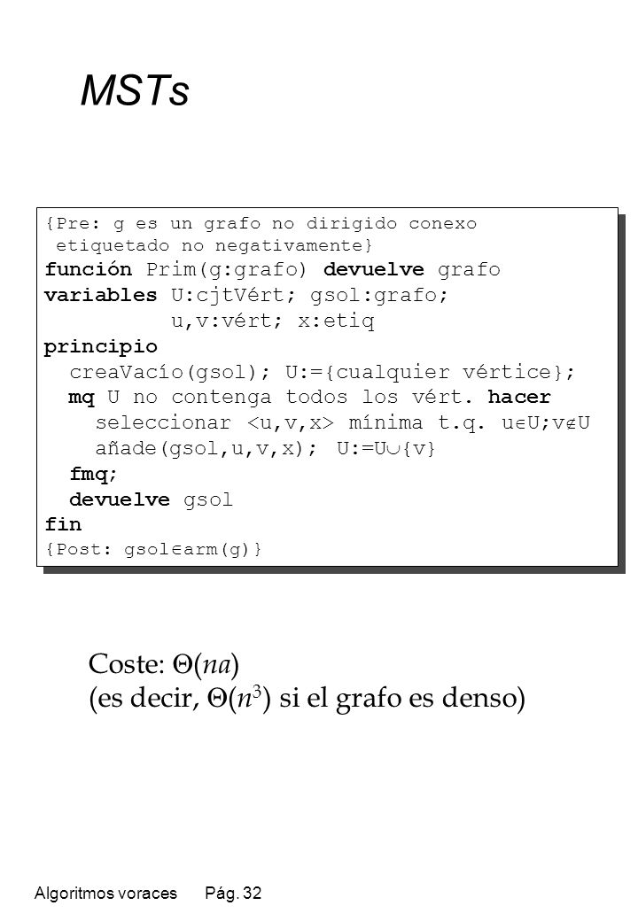 MSTs Coste: (na) (es decir, (n3) si el grafo es denso)
