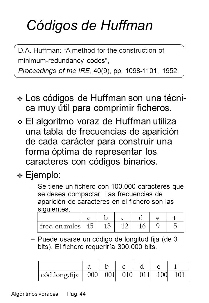 Códigos de Huffman D.A. Huffman: A method for the construction of. minimum-redundancy codes , Proceedings of the IRE, 40(9), pp ,