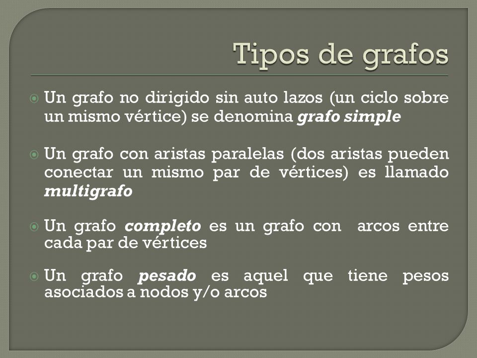 Tipos de grafos Un grafo no dirigido sin auto lazos (un ciclo sobre un mismo vértice) se denomina grafo simple.
