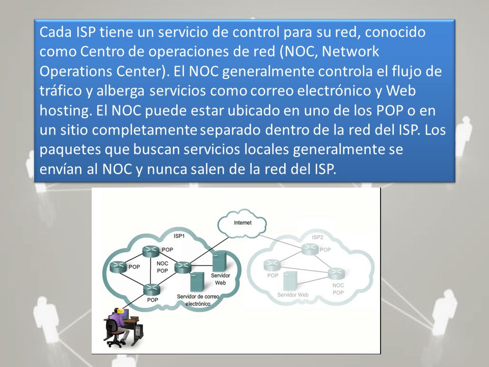 Cada ISP tiene un servicio de control para su red, conocido como Centro de operaciones de red (NOC, Network Operations Center).