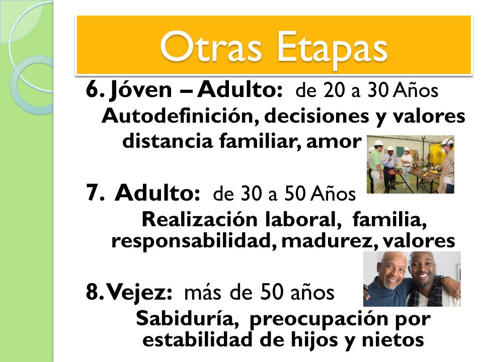 Otras Etapas 6. Jóven – Adulto: de 20 a 30 Años