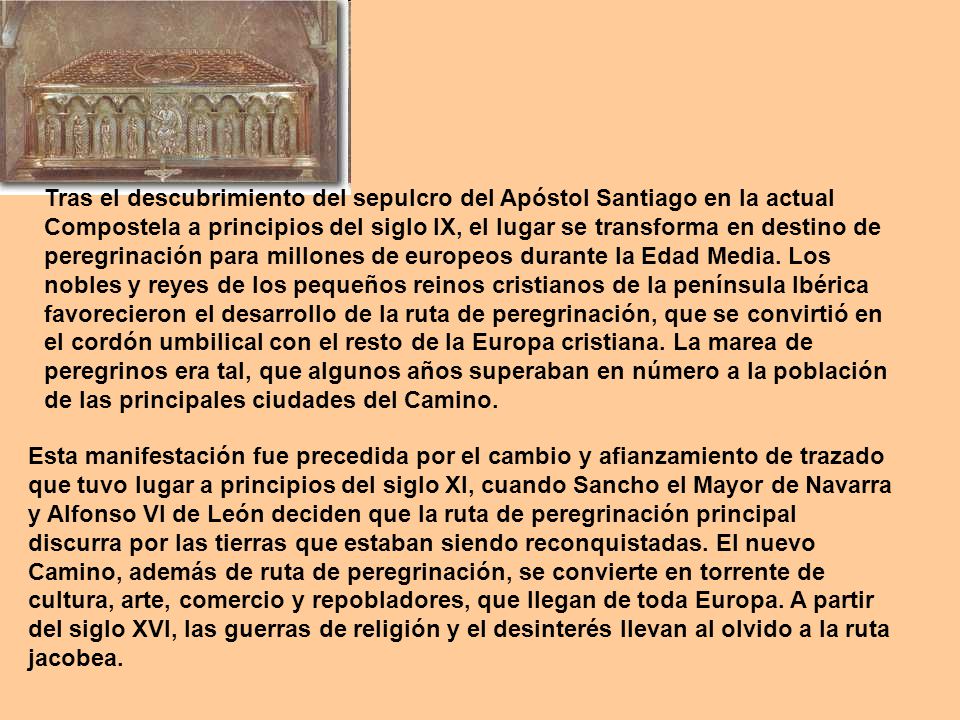 Tras el descubrimiento del sepulcro del Apóstol Santiago en la actual Compostela a principios del siglo IX, el lugar se transforma en destino de peregrinación para millones de europeos durante la Edad Media. Los nobles y reyes de los pequeños reinos cristianos de la península Ibérica favorecieron el desarrollo de la ruta de peregrinación, que se convirtió en el cordón umbilical con el resto de la Europa cristiana. La marea de peregrinos era tal, que algunos años superaban en número a la población de las principales ciudades del Camino.